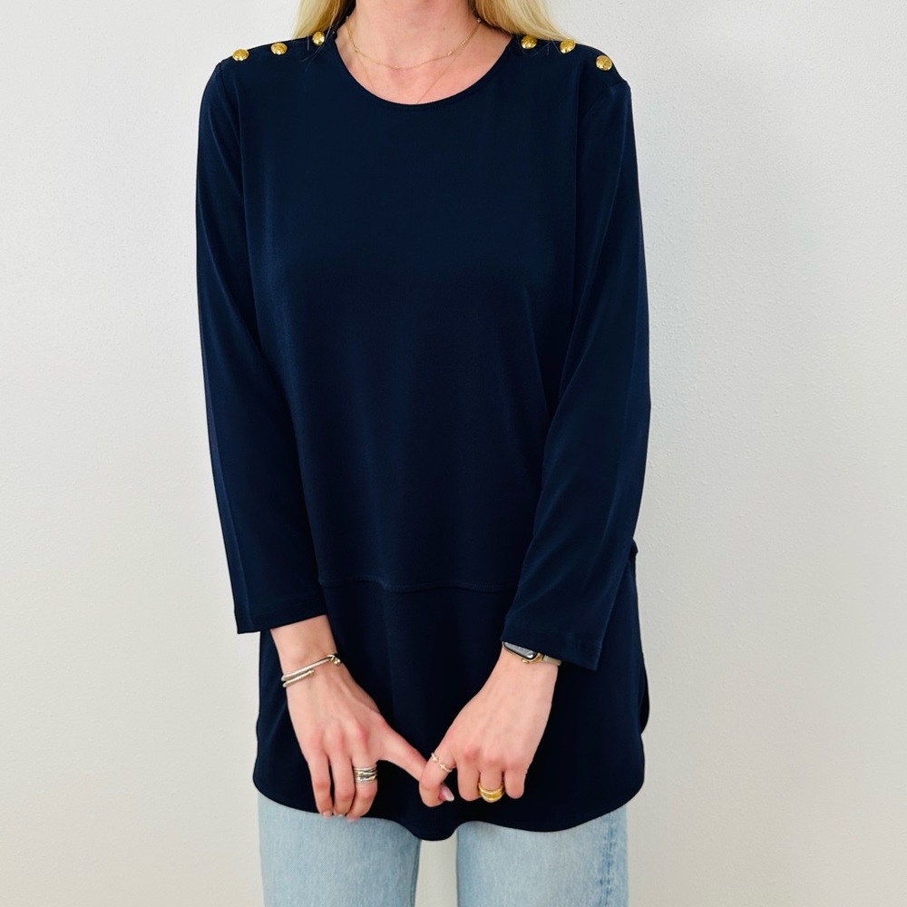 New Lauren Ralph Lauren Navy Blue Blouse Top with Gold Button Details - Picture 2 of 8